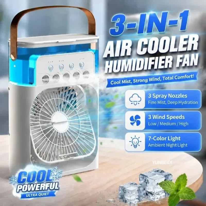 3-in-1 Desktop Air Cooler Fan with Humidifier, LED Light & Timer – Portable USB Spray Fan for Home & Office