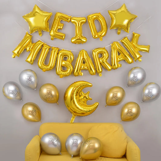 27pcs Eid Mubarak Balloons Decoration 2025 Muslim Islamic Decor Ramadan Kareem Banner Star Moon Foil Balloon