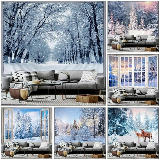 Snow Scene Tapestry Wall Hanging Winter Forest Christmas Tree Happy New Year Bedroom Living Room Home Decoration