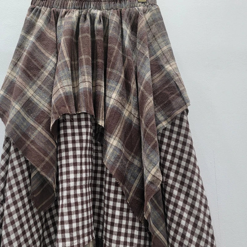 Irregular Plaid Patchwork Pleated A-Line Midi Skirt