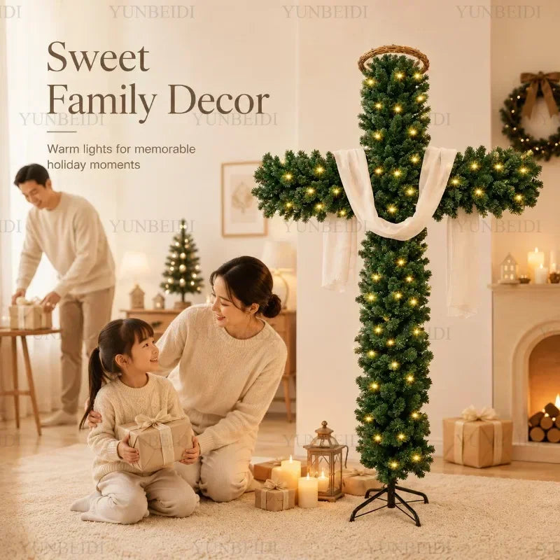 Cross-Shaped Artificial Christmas Tree with Metal Stand, 150 or 180 cm Green PVC Religious Holiday Decoration with Optional USB Lights