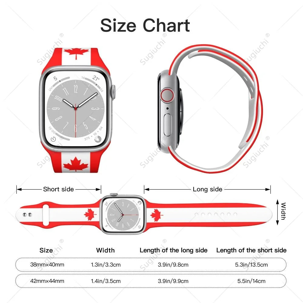 Canada Flag Silicone Sport Watch Band for Apple Watch Ultra 2 / Series 10 9 8 7 6 5 4 SE – Unisex 3D Printed Strap