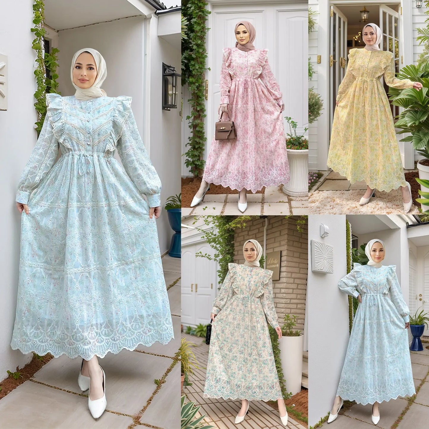 Elegant Ethnic Print Abaya Maxi Dress for Women – Muslim Jalabiya Modest Kaftan for Spring & Autumn