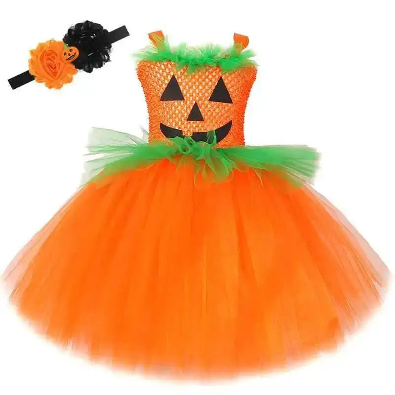 Girls Pumpkin Witch Costume – Halloween Fancy Dress Outfit with Tutu for Kids, Carnival & Party Wear