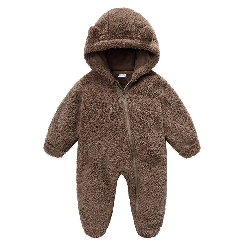Infant Hooded Winter Romper – Long Sleeve Zipper Jumpsuit for Babies (0–12 Months)