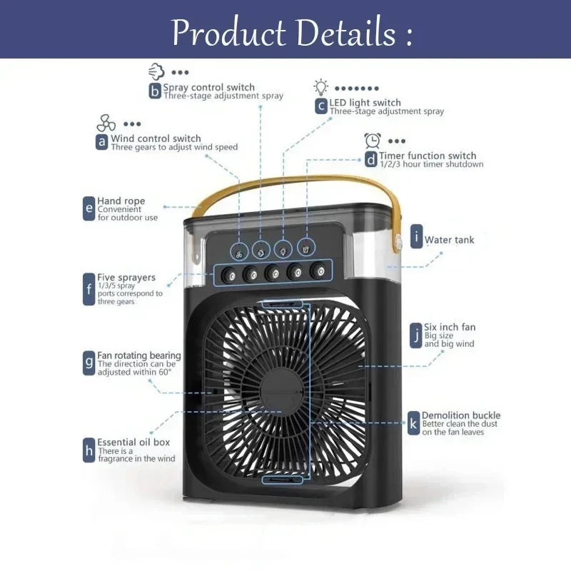 3-in-1 Mini Air Cooler Fan with Humidifier & LED Night Light – Portable USB Desktop Cooling Fan for Home & Office
