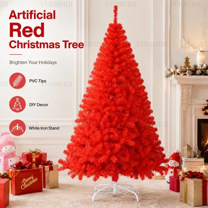 Red Artificial Christmas Tree, 120–240 cm PVC Holiday Tree with Optional Warm White USB LED Lights for Indoor Decorating