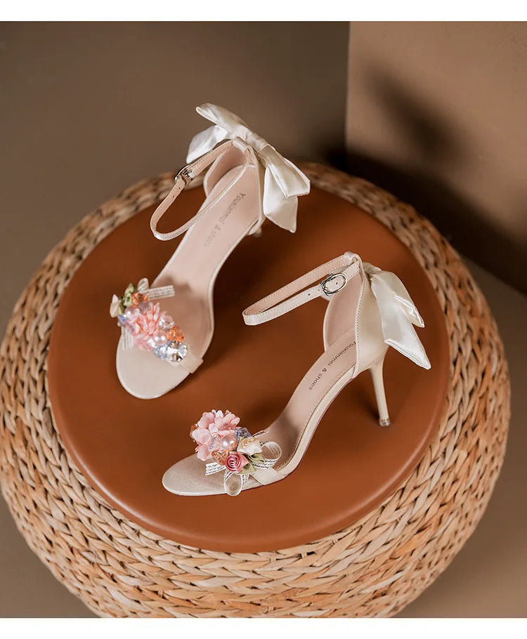 Women’s Open Toe High Heel Sandals – Satin Flower Bow, Buckle Strap, Elegant Dress & Wedding Shoes