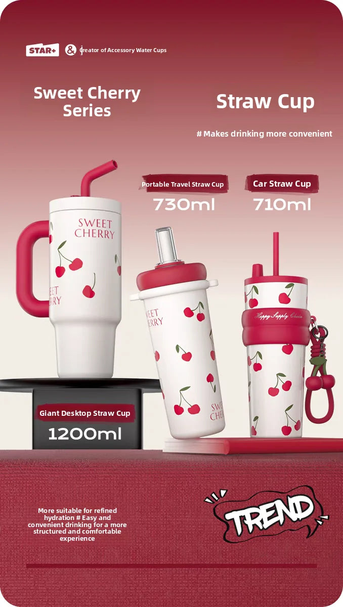 Portable Cherry Series Stainless Steel Insulated Straw Tumbler – Double-Wall Vacuum Travel Water Bottle for Hot & Cold Drinks