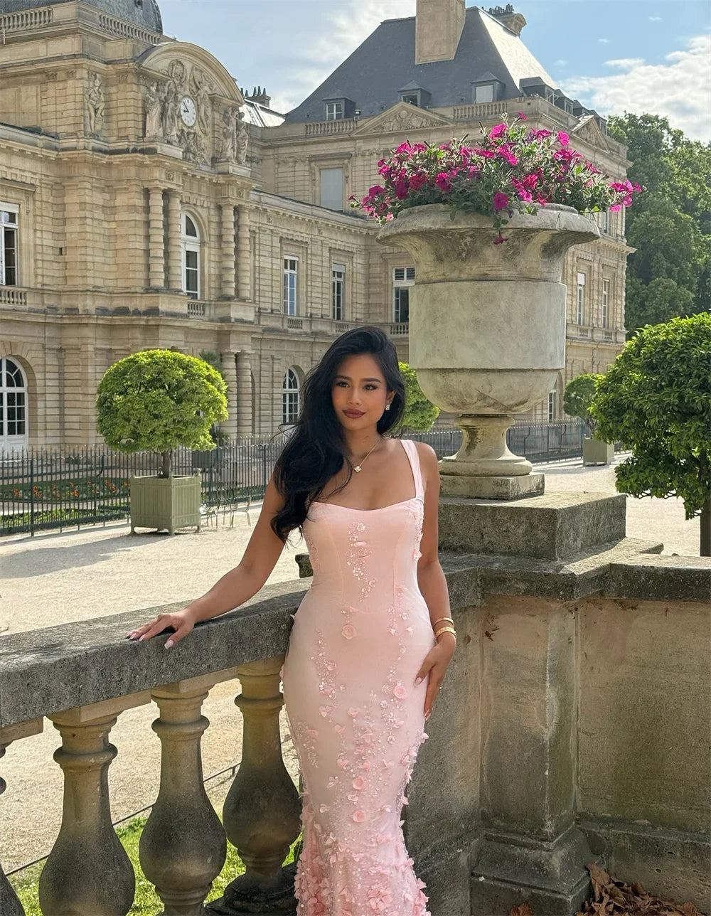 Luxury Blush Pink 3D Floral Mermaid Evening Gown – Halter Neckline, Lace, Custom Sizes Available