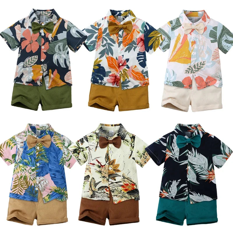 Baby Boys Floral Shirt & Shorts Set with Bowtie, Summer Gentleman Outfit for Infants and Kids