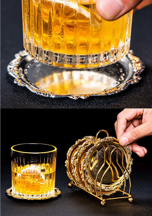 Vintage Golden Cocktail Coaster Metal Exquisite Cake Tray Set Silver Plated Mat Placemat Snack  Dishes Rack Set