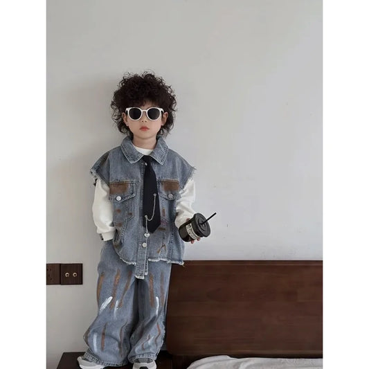 3PCS/Set Boys Vest +Pants + Tie Outfits Kids Suits Cotton 2025 Blue Jean Spring Autumn Cotton Sport Teenagers Children Clothing