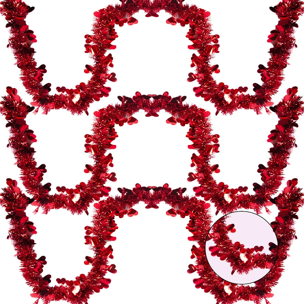 2M Red Heart Tinsel Garland – Metallic Twist Streamer for Valentine’s Day, Weddings, and Party Decorations