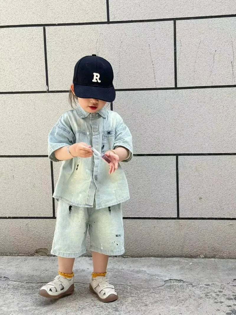 2PCS Fashion Kids Summer Clothes Boys Set 2025 New Girls Splashing Ink Washing Soft Denim Short Sleeved Shirt and Shorts