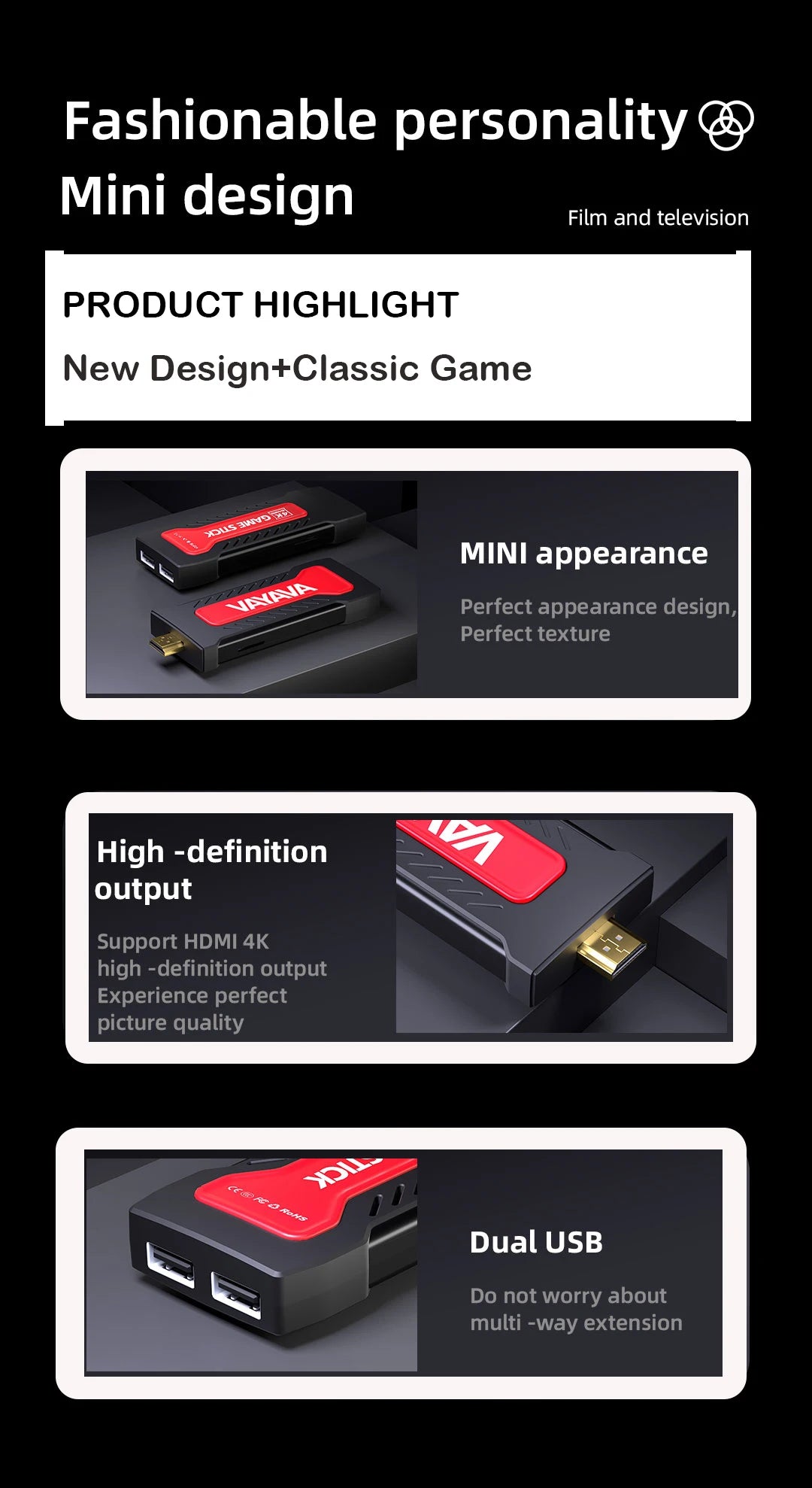 GD30 4K Retro Game Stick, 64GB Built-In Games, Wireless 2.4G Classic Video Game Console with Dual Controllers