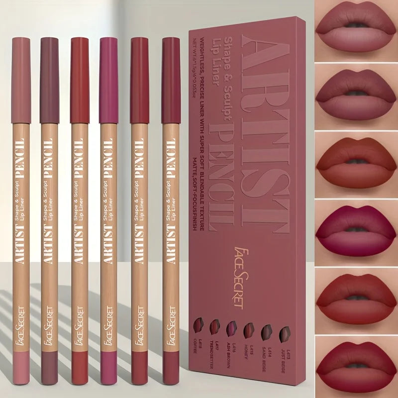 Velvet Matte Lip Liner Pencil Set (6-Piece), Long-Lasting, Smooth Lip Definition