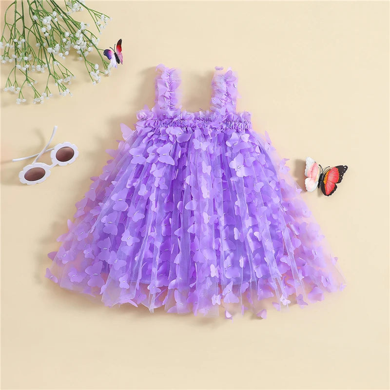 Toddler Kids Baby Girls Dress 3D Butterfly Solid Color Sleeveless Sling Dress Summer Sweet Casual Princess Dress