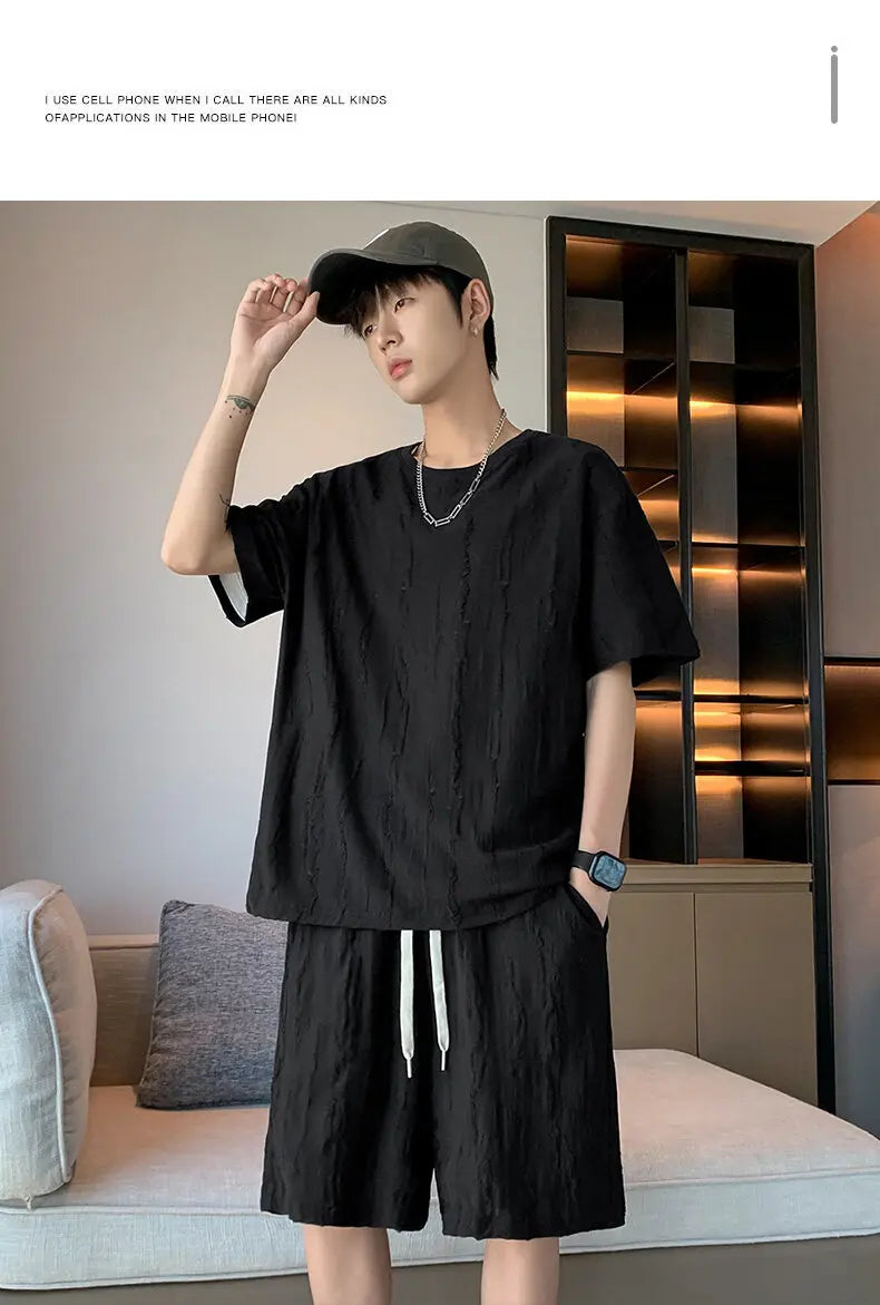Plus Size 8XL Summer Men's Casual Tracksuit Set – Solid Color Short Sleeve T-Shirt + Shorts – 2-Piece Sportswear