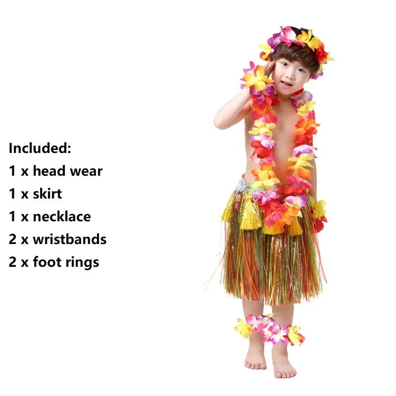 Hawaiian Hula Costume Set for Kids & Teens – Grass Skirt, Top, Flower Lei Necklace, Headband, Anklets & Bracelets (40 cm)