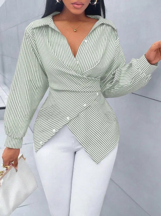 Women’s Spring & Summer Blouses – Chic Long Sleeve Striped Shirts with Lace-Up Detail, Casual Turn-Down Collar Tops