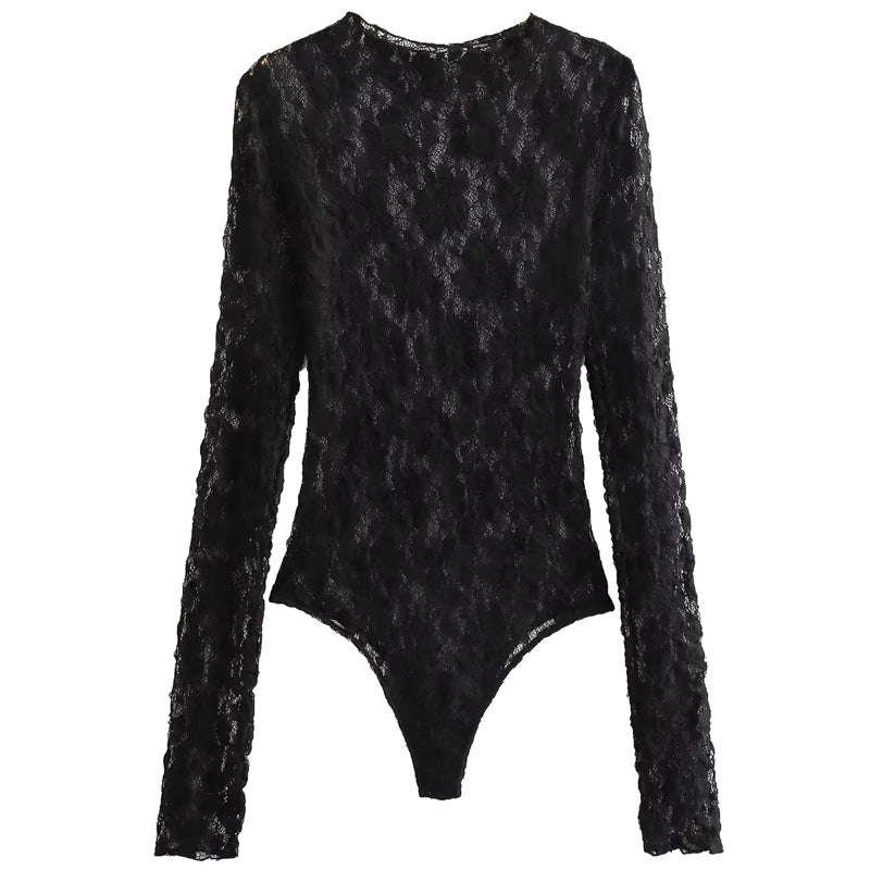 Women's Lace Bodysuit – Black Cutwork One-Piece, Long Sleeves, O-Neck, High-Stretch Fabric – Elegant Autumn Wear