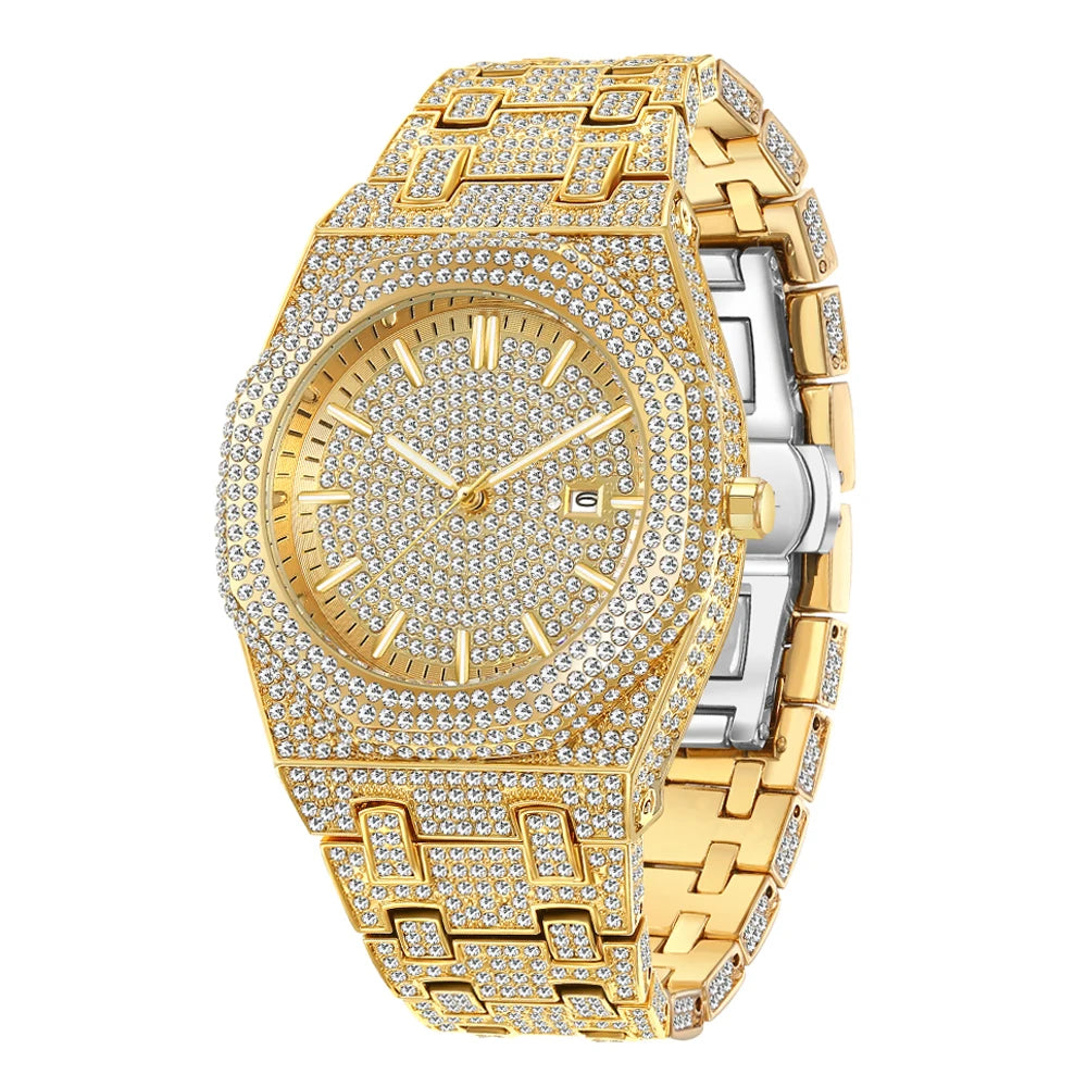 MISSFOX Luxury Diamond Iced Out Men's Quartz Watch, Arabic Numerals Waterproof