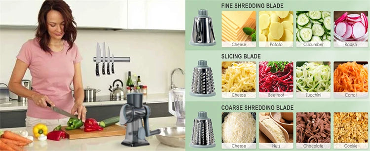 3-in-1 Rotary Cheese Grater – Manual Vegetable Slicer and Nut Grinder with Stainless Steel Blades