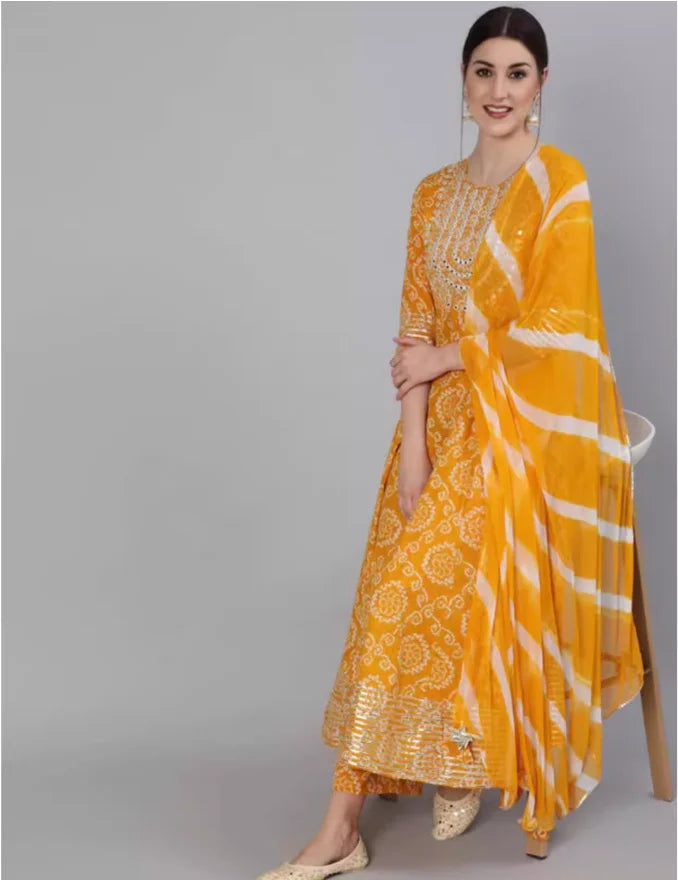 Women's Yellow Printed Cotton Indian Traditional Kurta Set with Pants & Dupatta (3-Piece)