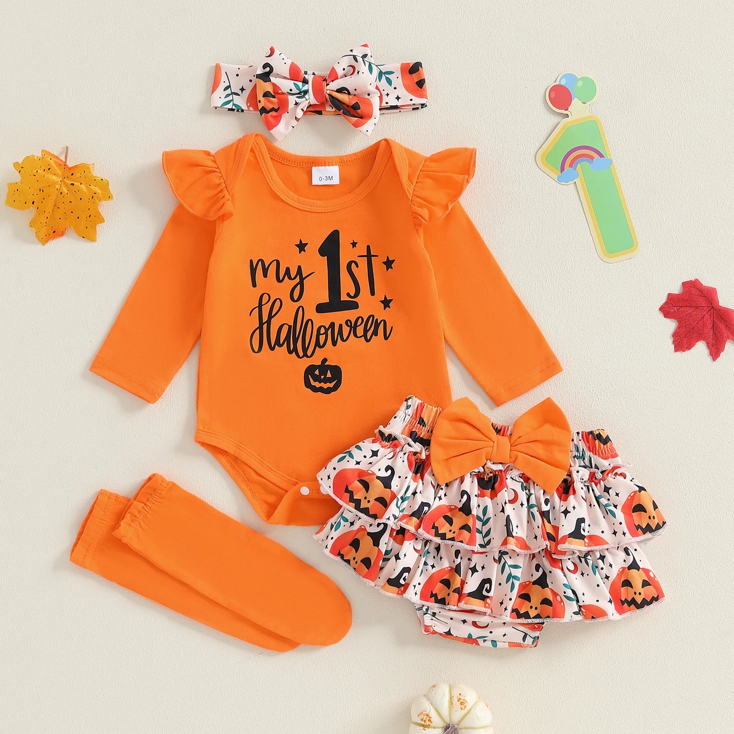 Baby Girls Halloween Outfit – Long Sleeve Romper, Ruffle Shorts, Headband & Socks Set