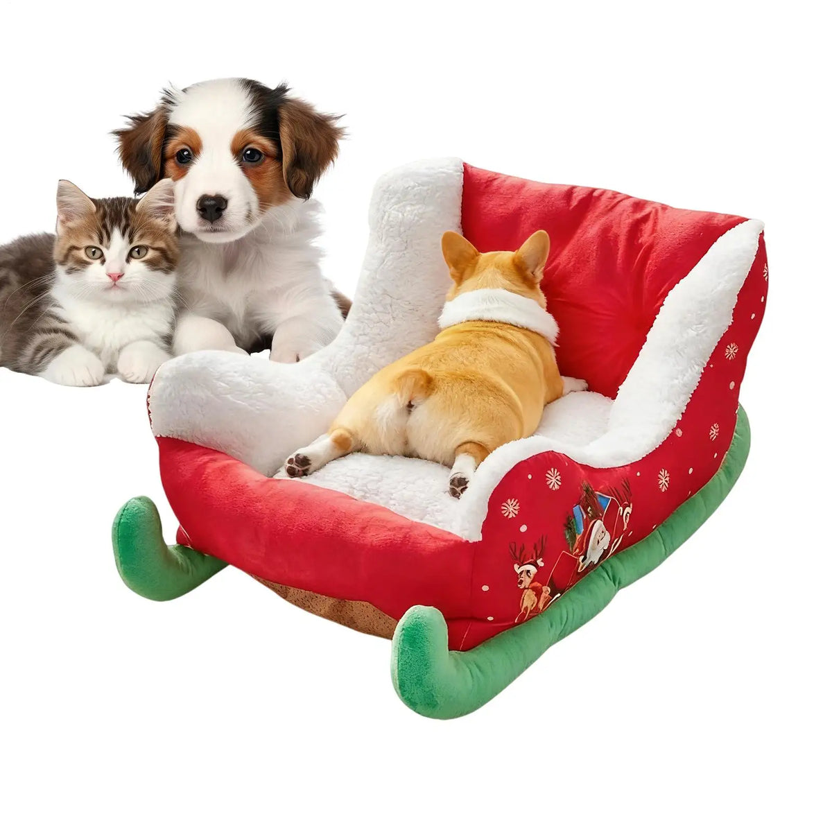 Christmas Sleigh-Shaped Cat and Dog Bed with Soft Plush Lining and Raised Sides, Festive Indoor Pet Sleeping Nest