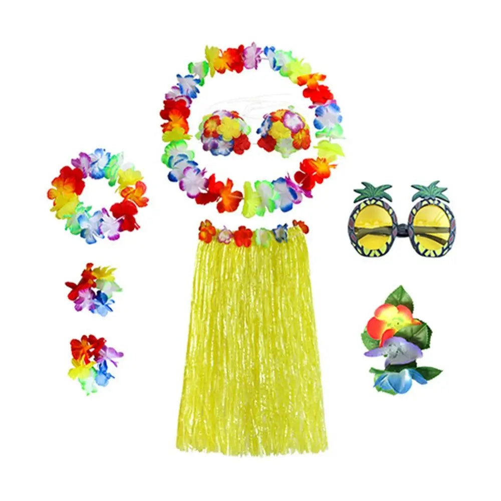 8-Piece Hawaiian Hula Costume Set – Grass Skirt, Flower Lei Necklace, Headband, Anklets & Bracelets for Parties and Dress-Up