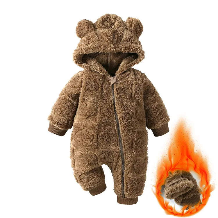 Cartoon Baby Hooded Romper – Long Sleeve Arctic Velvet Winter Outfit, Warm Newborn Clothing (0–18 Months)