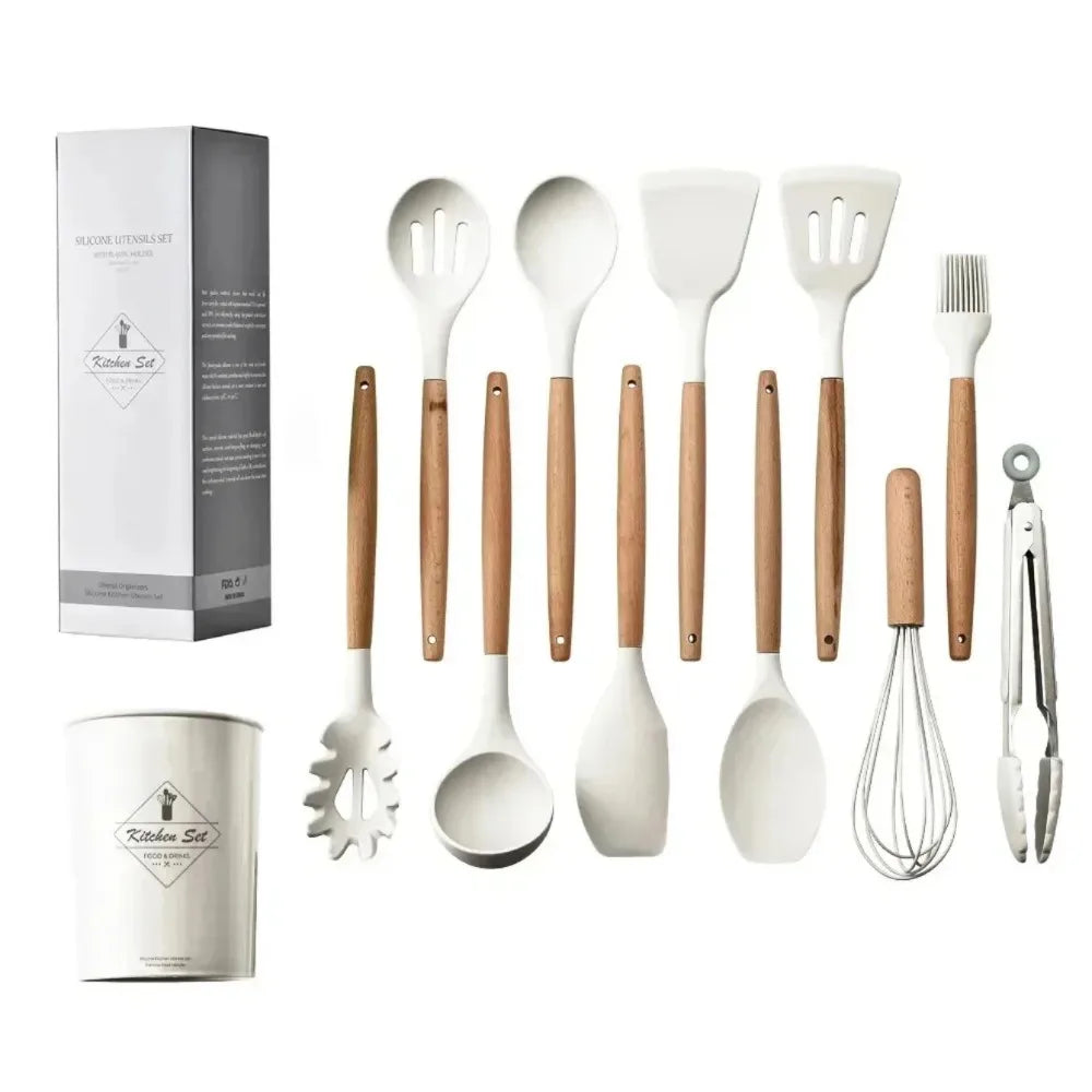 12-Piece Non-Stick Silicone Cooking Spoon Set with Wooden Handles – Heat-Resistant Kitchen Utensils with Storage Container | Ideal for Home & Professional Use