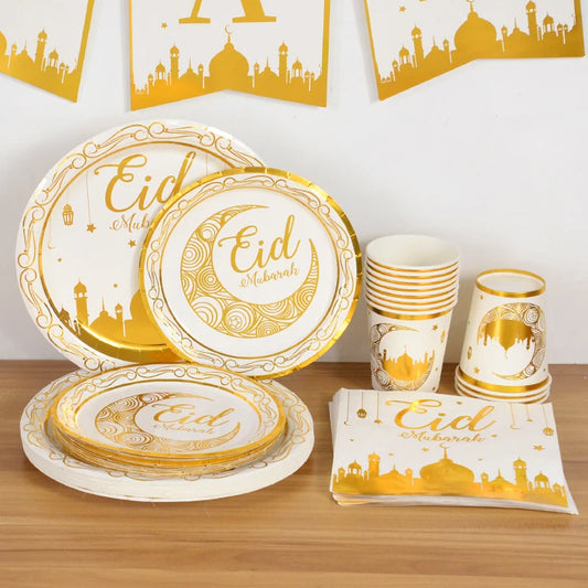 Eid Mubarak Decoration Paper Napkin Plate Cups Disposable Tableware Ramadan Kareem Home Decor Eid Islamic Muslim Party Supplies