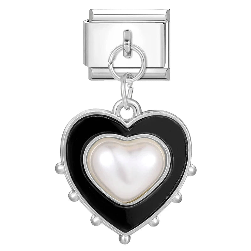 DIY Italian Charm Bracelet – Black & Red Cat Eye, Heart & Stripe Charms, 9mm Stainless Steel