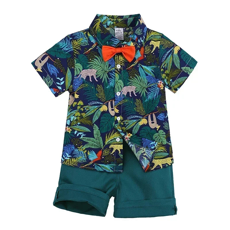 Baby Boys Floral Shirt & Shorts Set with Bowtie, Summer Gentleman Outfit for Infants and Kids