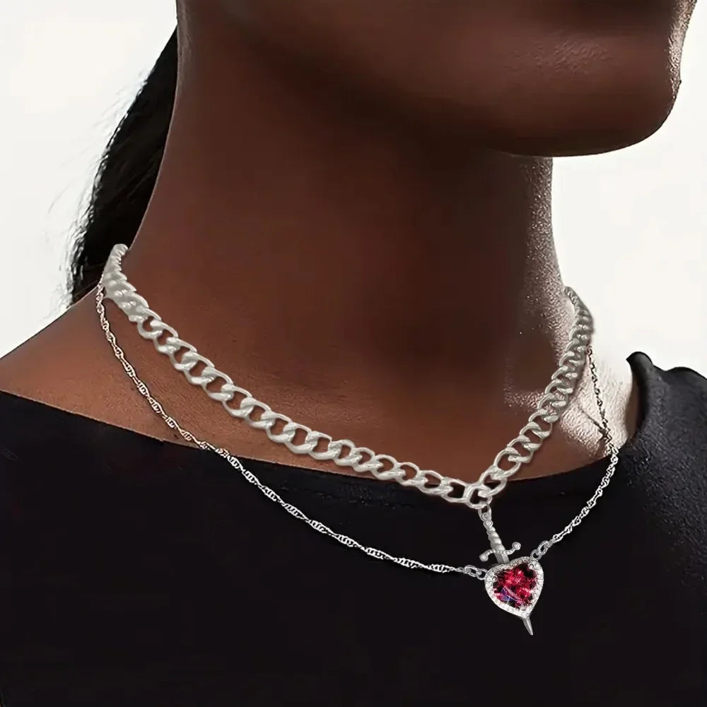 Snow White Inspired Heart & Sword Couple Necklace – Romantic Pendant Jewelry Gift for Women