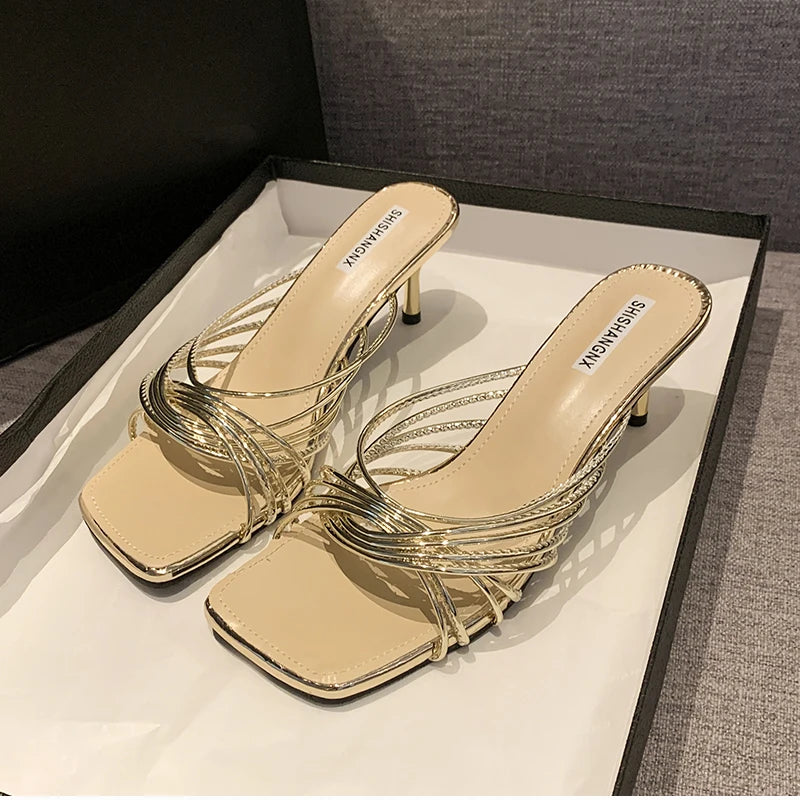 Concise Narrow Band Women's Slippers – Fashion Thin Heel Party Mules / Slide Pumps
