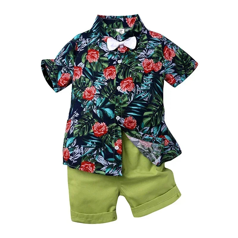 Baby Boys Floral Shirt & Shorts Set with Bowtie, Summer Gentleman Outfit for Infants and Kids