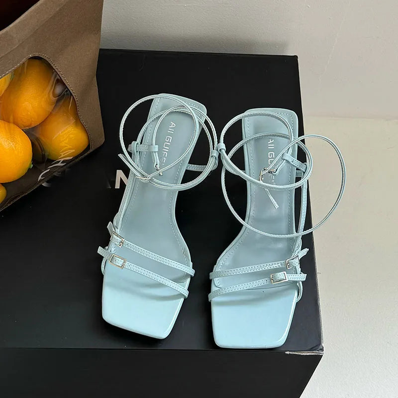 Women's Thin Heel Sandals – Ankle Buckle, Square Toe, Shallow Pumps, Fashion High Heels Footwear