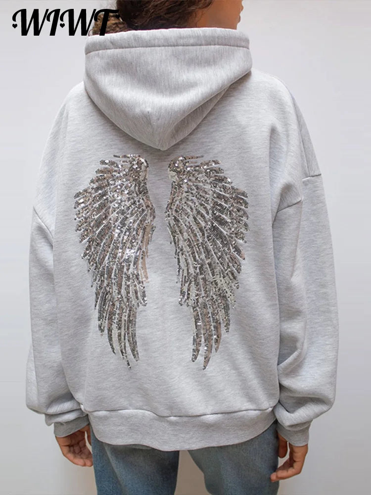 Women’s Sequined Wing Hooded Sweatshirt, Casual Long Sleeve Loose Fit Hoodie