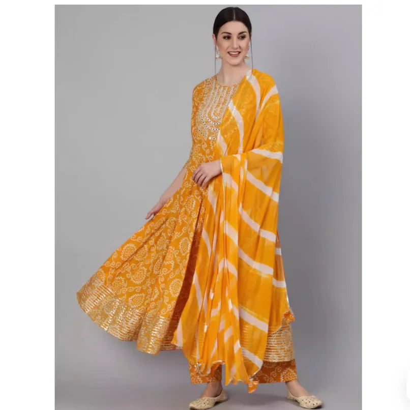 Women's Yellow Printed Cotton Indian Traditional Kurta Set with Pants & Dupatta (3-Piece)