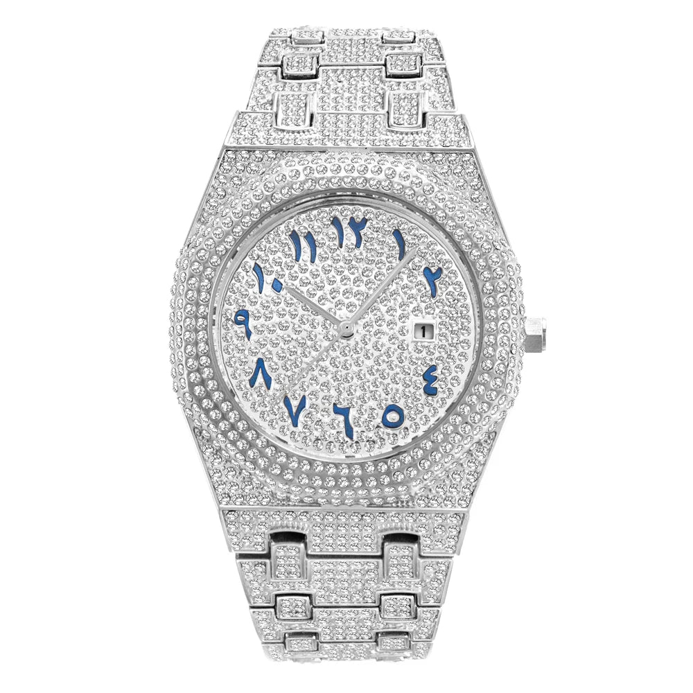 MISSFOX Luxury Diamond Iced Out Men's Quartz Watch, Arabic Numerals Waterproof