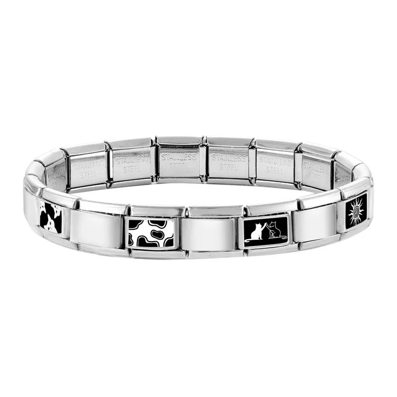 DIY Italian Charm Bracelet – Black & Red Cat Eye, Heart & Stripe Charms, 9mm Stainless Steel