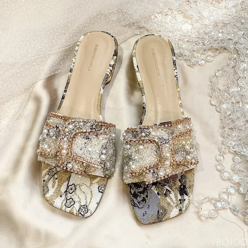 Women’s Slippers 2025 – Luxury Pearl Rhinestone Chunky Heel Sandals, Summer Butterfly-Knot Slip-On Shoes
