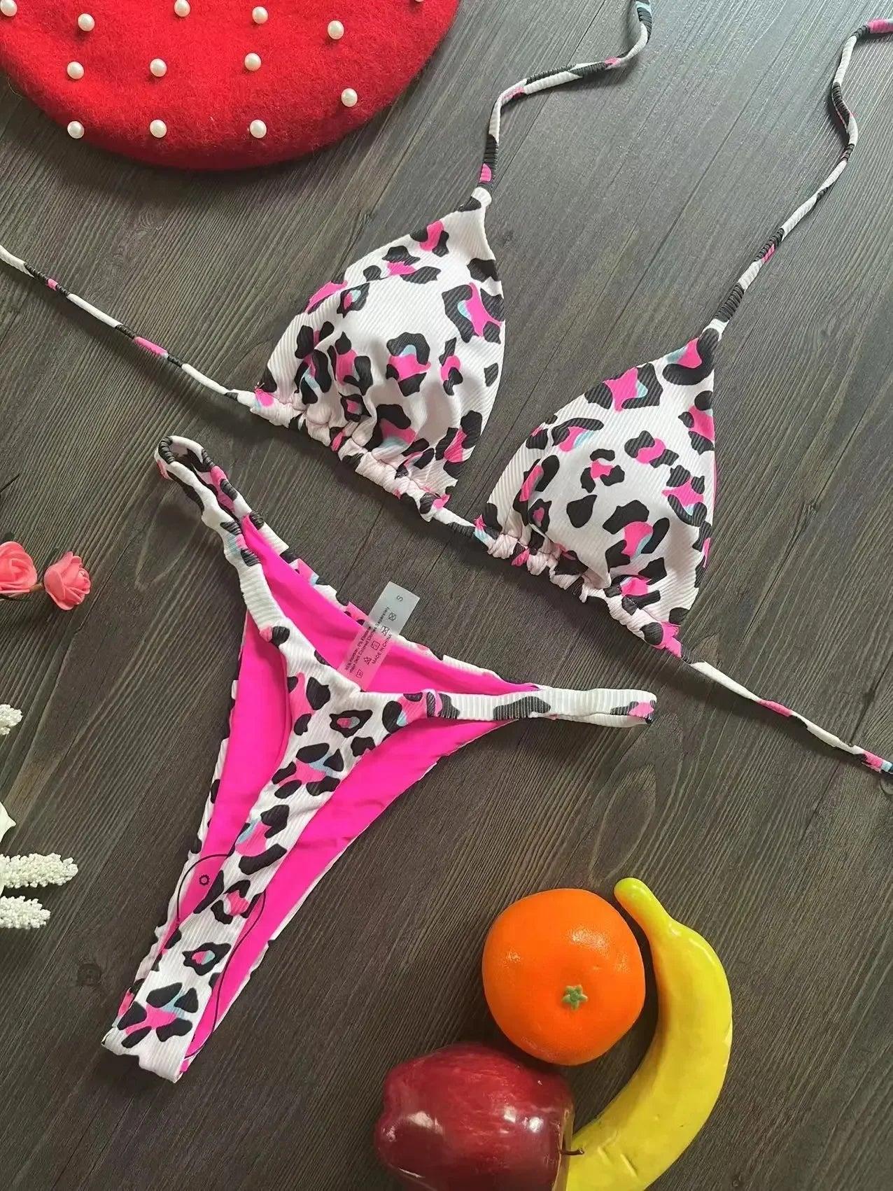 Women's Leopard Print Bikini Set – Two-Piece Swimsuit with Striped Thong Bottom – Summer Beachwear