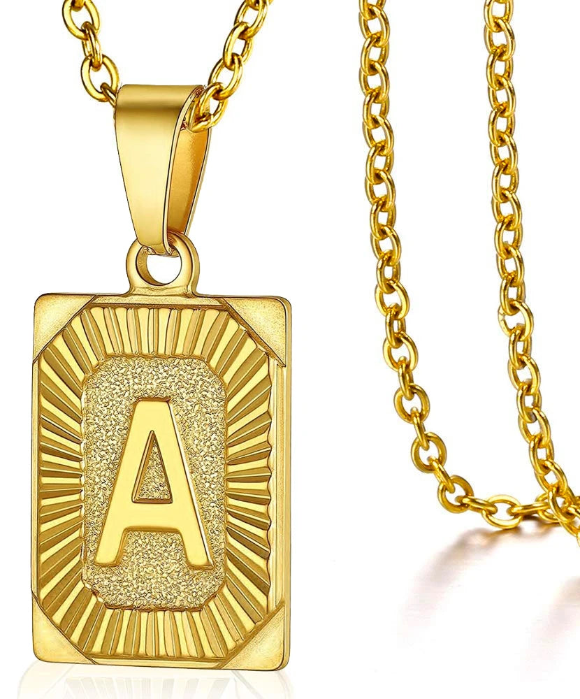 Initial Letter Pendant Necklace – Stainless Steel Cuban Link Chain, Square Charm Alphabet Necklace for Men & Women, Couple Gift Jewelry