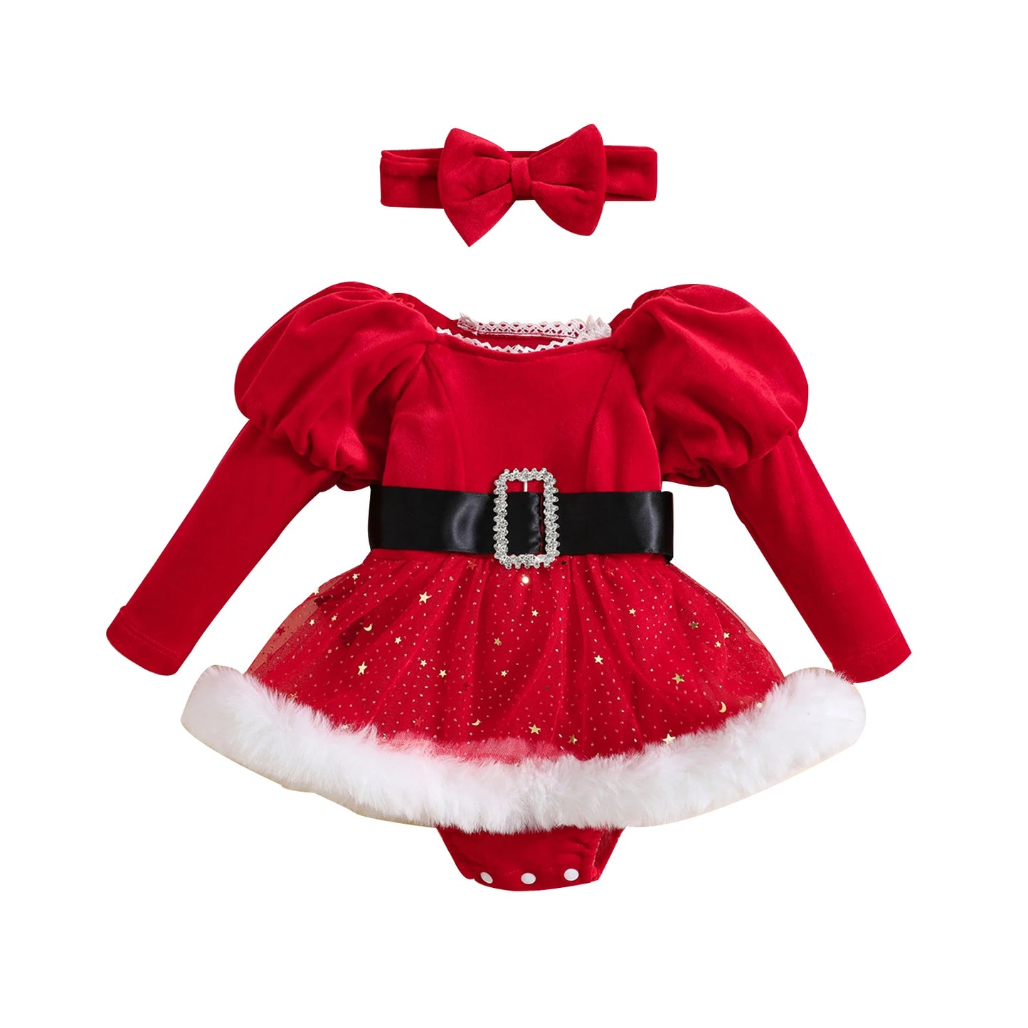 Baby Girl Holiday Outfit – Long Sleeve Romper Dress with Stars & Moon Skirt and Matching Headband