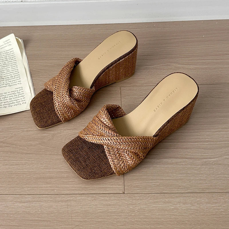 Women’s Designer Weave Wedge Slides – Open Toe Height Increase Summer Sandals, Fashion Outdoor Slip-On Dress Shoes
